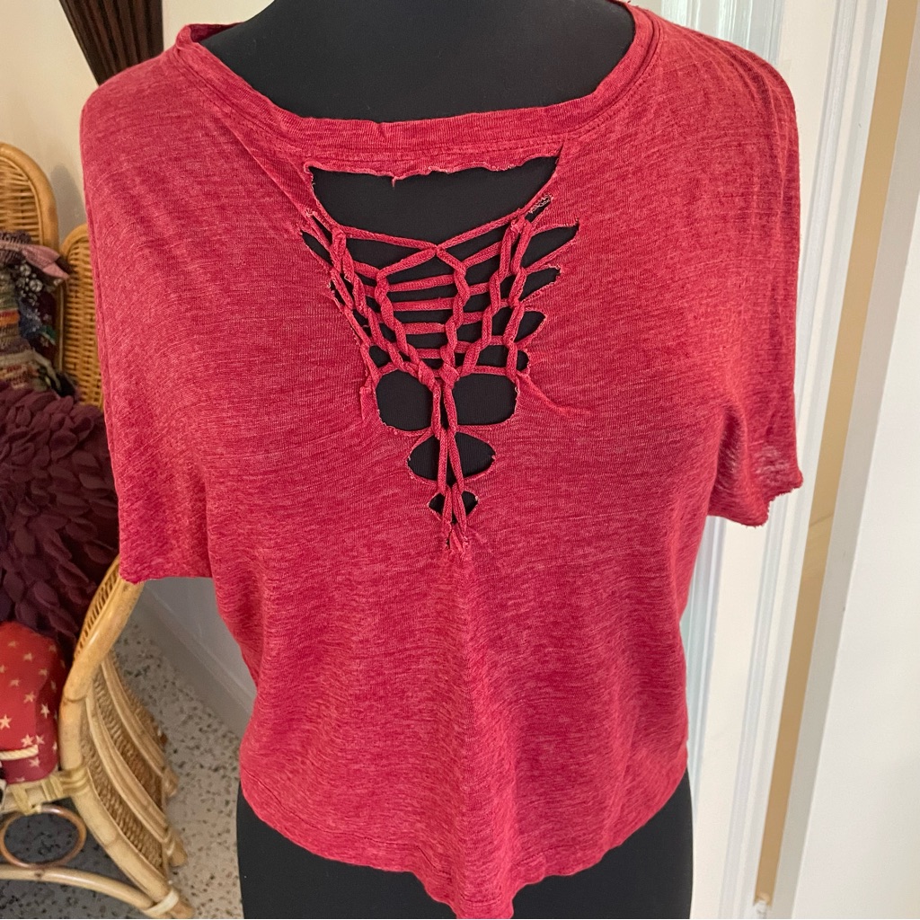 I R O New Paris Designer Short Linen Tee Shirt! Cut Outs! New! Medium
